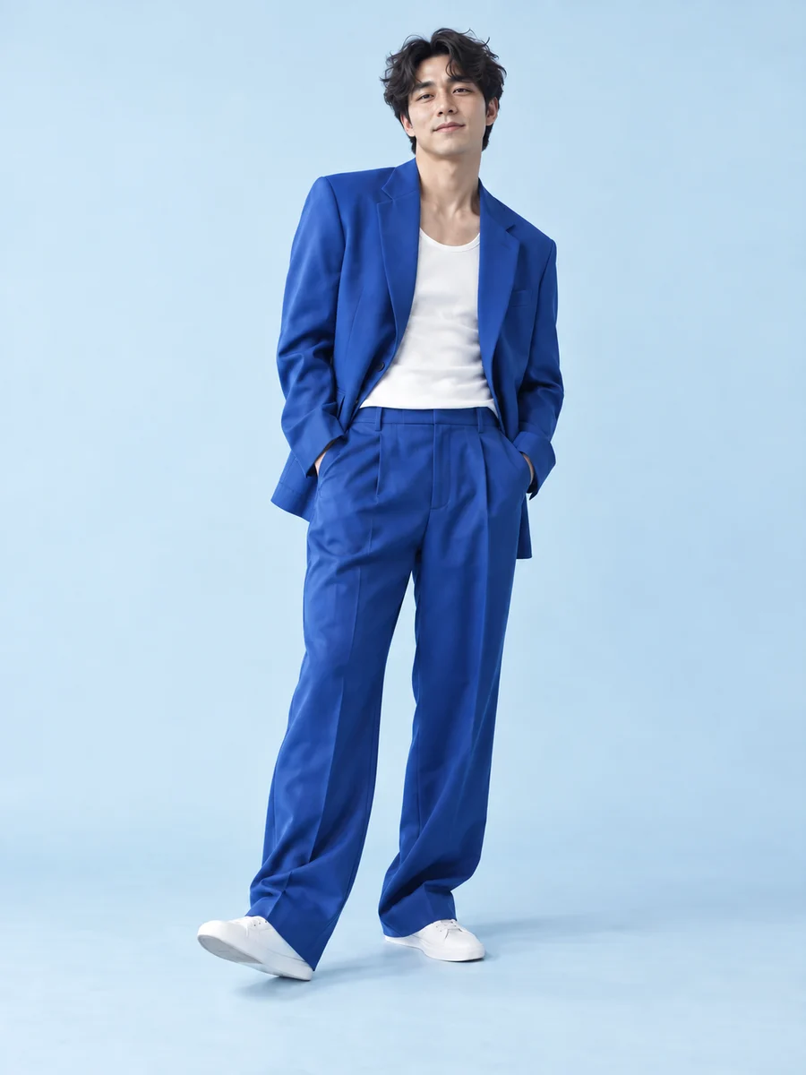 Man wearing a cobalt blue suit with a white tank and sneakers