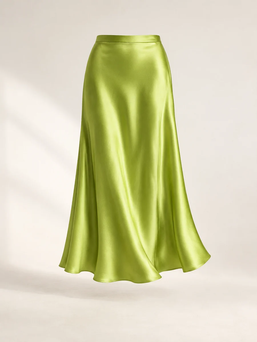 Lime green satin midi skirt